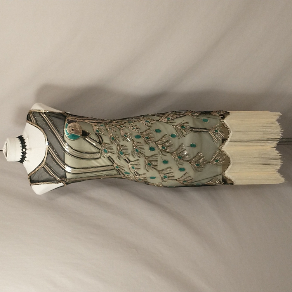 Sexy Flapper Dress Beaded w Fringe Costume Roaring Twenties w/ Parrot & Feather